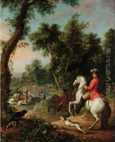 A Wooded Landscape With Three Gentleman On Horses Hunting Down A Stag With Their Dogs Oil Painting - Jean-Baptiste Oudry