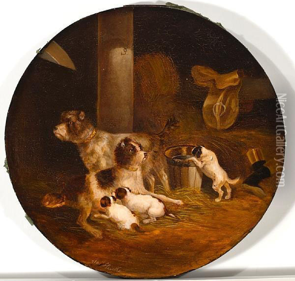 Wirehaired Fox Terrier Family In Thestable Oil Painting - Joseph Heike