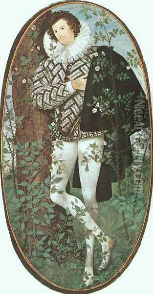 A Youth Leaning Against a Tree Among Roses c.1588 Oil Painting - Nicholas Hilliard
