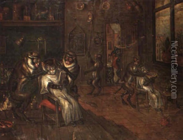 Interior Med Apor Som Rakar Katter Oil Painting - Jean-Thomas (Nicolas V) Kessel