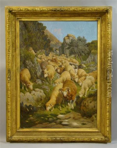 Sheep On A Hillside Oil Painting - Alfredo De Simoni