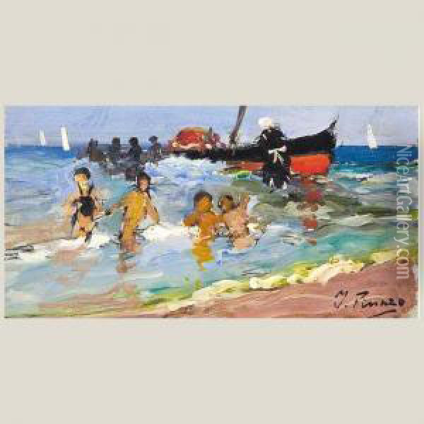 En La Playa Oil Painting - Ignacio Pinazo Camarlench
