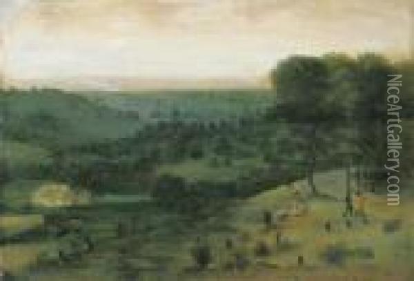 An Extensive Wooded Landscape With Huntsmen, A Peasant And Cattlein The Distance Oil Painting - Jacob Grimmer
