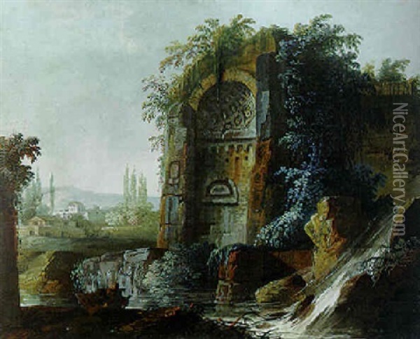 A Capriccio With The Temple Of Venus And Rome In A River Landscape With A Waterfall, A Village Beyond Oil Painting - Giovanni Battista Busiri