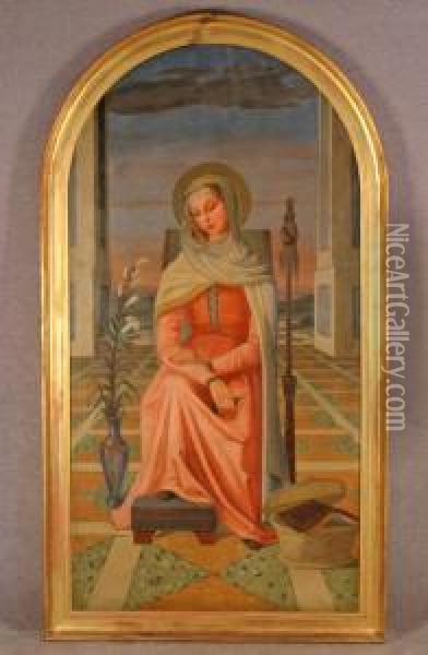 Virgin In A Courtyard Oil Painting - Egisto Ferroni