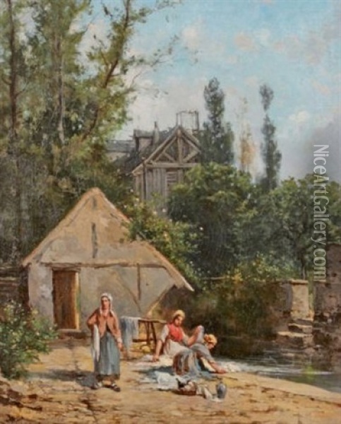 Les Lavandieres Pres Du Moulin Oil Painting - Charles Theodore Sauvageot