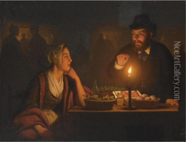 A Market Scene By Candle Light Oil Painting - Petrus van Schendel