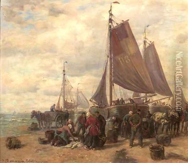 Sorting the catch on the beach of Dunkirk Oil Painting - Desire Thomassin