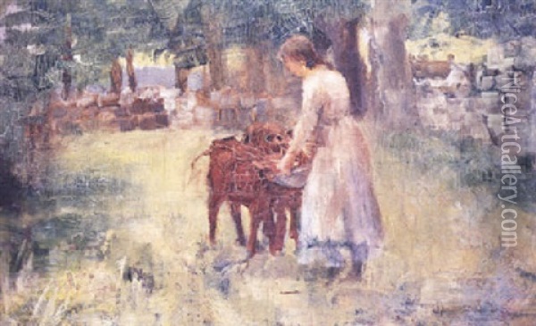 Girl Feeding Calves Oil Painting - Walter Frederick Osborne