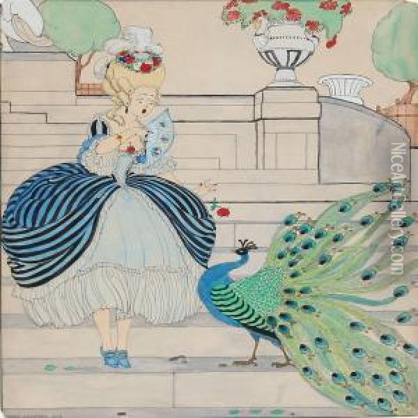Young Girl In Rococo Dress Frightenedbyf A Peacock Oil Painting - Gerda Wegener