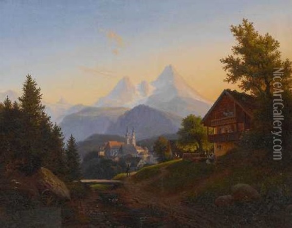 Blick Auf Berchtesgaden Mit Watzmann Oil Painting - Anton Schiffer