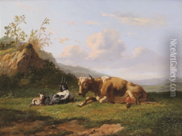 Paysage Accidente Avec Vache Couchee Et Chevres Oil Painting - Johannes Hubertus Leonardus de Haas