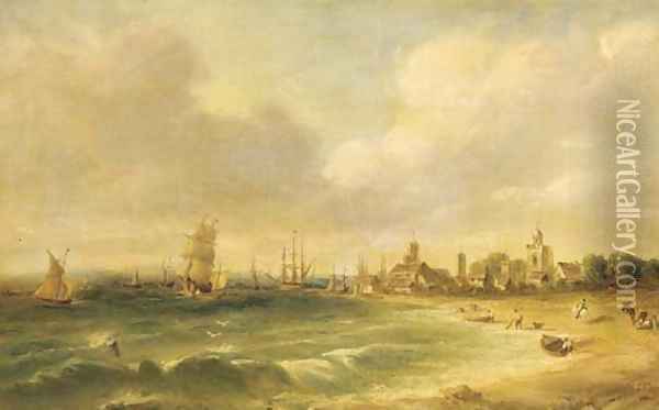 Figures on the foreshore, a busy harbour beyond Oil Painting - Alfred Vickers