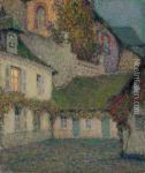 La Maison Sous L'eglise Au Crepuscule Oil Painting - Henri Eugene Augustin Le Sidaner