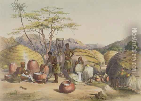 Gudu's Kraal at the Tugala, Women making Beer, plate 26 from 'The Kafirs Illustrated', 1849 Oil Painting - George French Angas