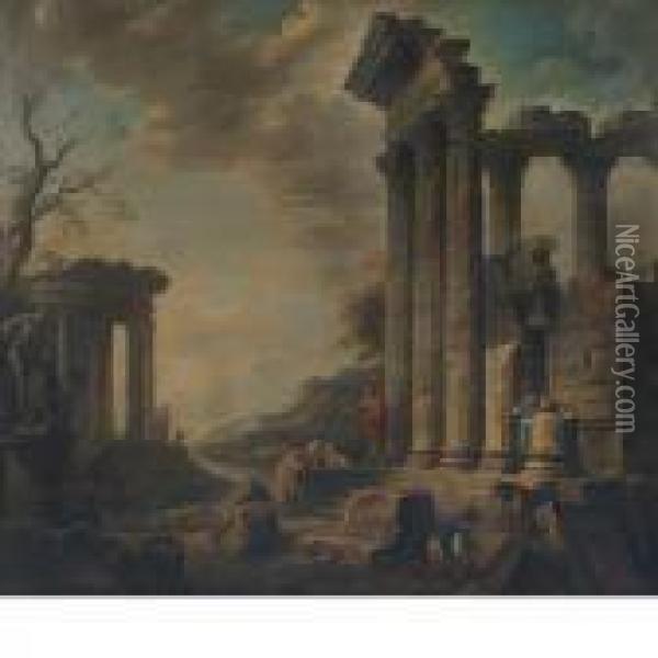 Capriccio Of Figures Among Ruins Oil Painting - Giovanni Niccolo Servandoni