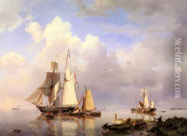 Vessels at Anchor in an Estuary with Fisherman hauling up their rowing boat in the Foreground Oil Painting - Johannes Hermanus Koekkoek Snr