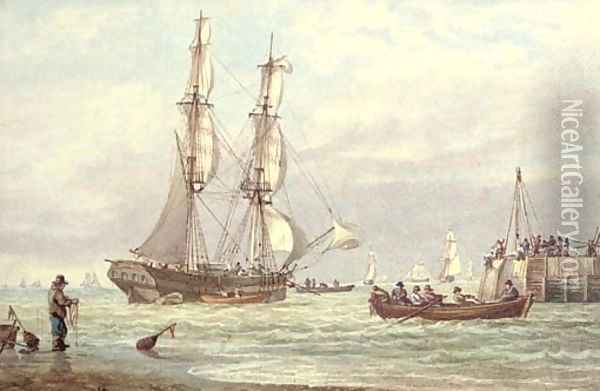 Brig off Yarmouth Harbour, Isle of Wight Oil Painting - William Joy