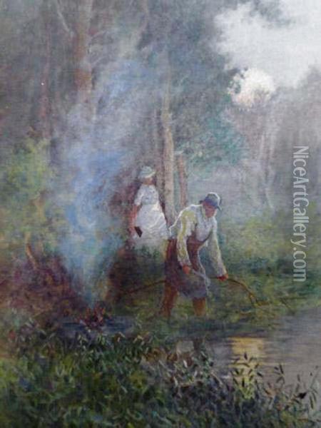 Two Figures In A Backwater With A Keepnet Beside A Small Campfire Oil Painting - George Hart Hughes