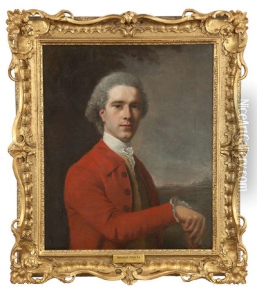 Portrait Of A Gentleman, Half Length, Wearing A Red Coat, A Buff Waistcoat And White Stock, His Hand On A Cane, In A Landscape Oil Painting - Nathaniel Hone the Elder