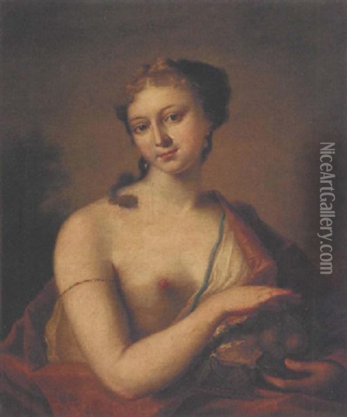 Portrait Of A Lady, As Summer, Wearing An Orange Robe Over One Shoulder And Holding A Basket Of Fruit Oil Painting - Giovanni Antonio Pellegrini