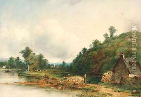 Figures by a river in a wooded landscape, a cottage in the foreground and a village beyond Oil Painting - Frederick Waters Watts