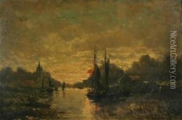Dutch River Landscape With Fishermen In Yachts At Sunset Oil Painting - J. Tibois