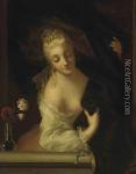 A Lady En Deshabille At A Parapet Beside A Vase Of Flowers Oil Painting - Antoine Pesne