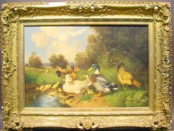 Ducks And Hens In A Landscape Oil Painting - Julius Scheurer