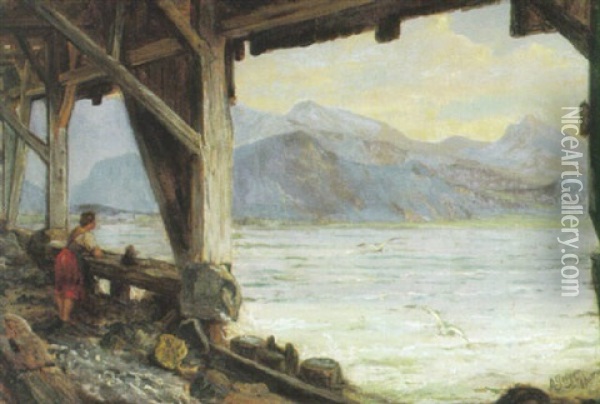 Blick Auf Den Walchensee Mit Gebirgshorizont An Einem Sommertag Oil Painting - August Geiger-Thuring