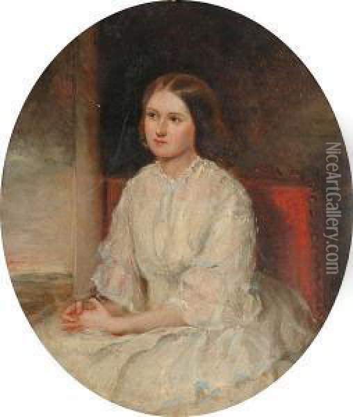 Portrait, Half Length, Of A Young Lady Seated On A Chair, Believed To Be Isabella Renny Oil Painting - William Gorman Wills