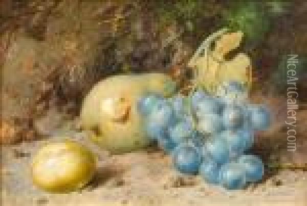 Still Life Of Fruit On A Bank, And Anothersimilar Slightly Smaller Companion Oil Painting - William Cruickshank