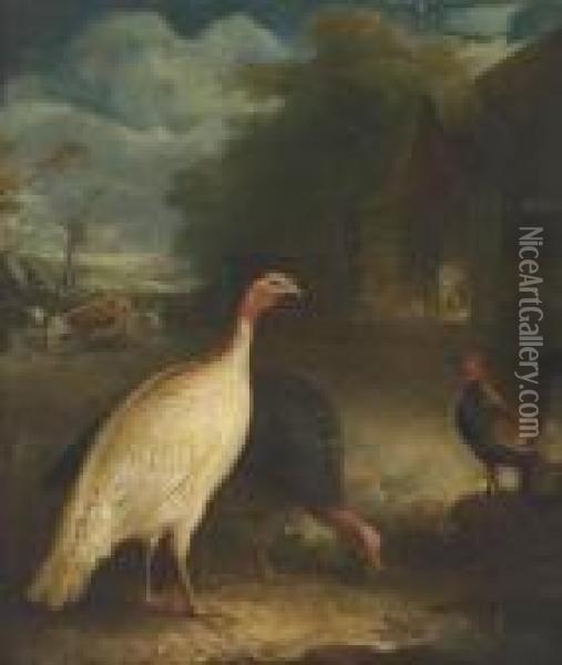 Poultry And Cattle In A Farmyard, Twilight Oil Painting - John Snr Ferneley