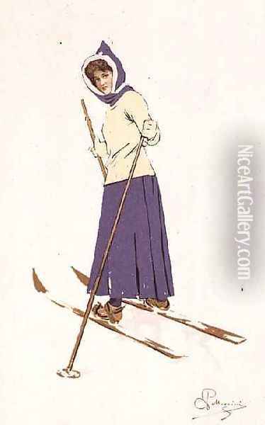 Woman turning on skis Oil Painting - Carlo Pellegrini