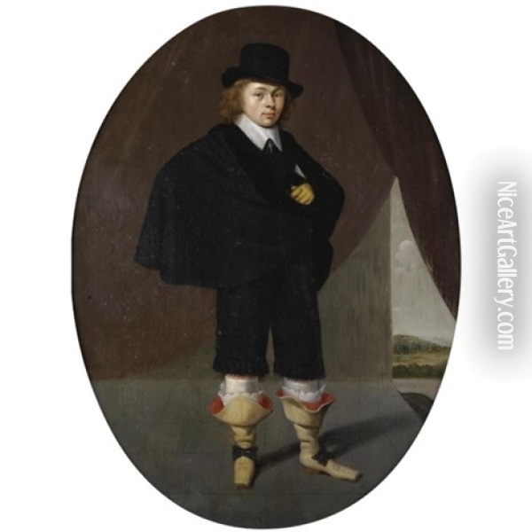 Portrait Of A Gentleman, Wearing A Black Cape, Black Trousers And A Black Hat, A Landscape Beyond Oil Painting - Herman Mijnerts Doncker
