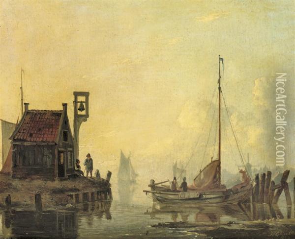 A Harbour Entrance Oil Painting - Hendrik Gerrit ten Cate