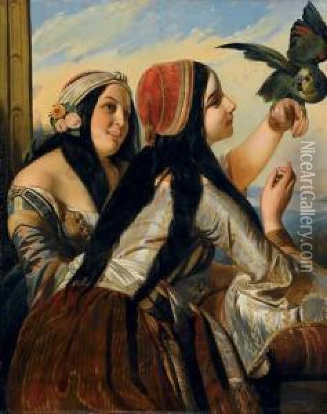 Deux Orientales Et Perroquet Oil Painting - Henry Guillaume Schlesinger