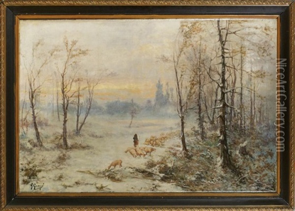 Schaferin Mit Ihrer Herde In Verschneiter Landschaft Oil Painting - Giuseppe Giorgi