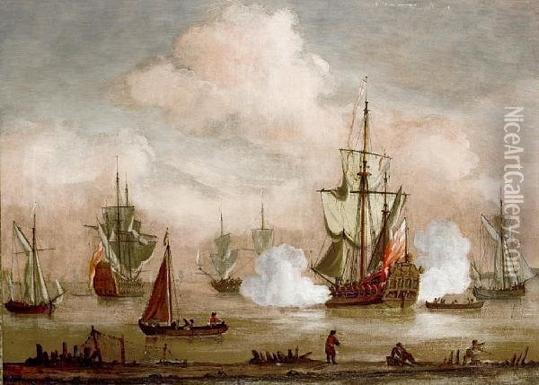 A Man O' War Firing A Salute Amongst Other Vessels In A Calm Oil Painting - Willem van de, the Elder Velde