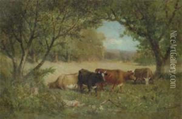 Cows In A Pasture Oil Painting - Edward Mitchell Bannister