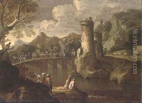 A mountainous landsape with a caravan crossing a turretted bridge, anglers in the foreground Oil Painting - Giovanni De Momper