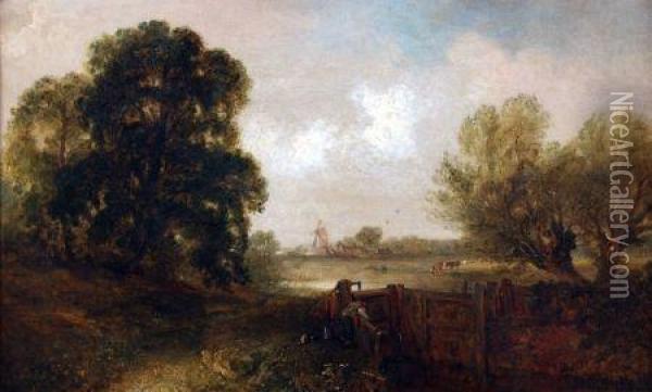 Anglian Landscape With Figure And Dog By A Lock Oil Painting - Edward Robert Smythe