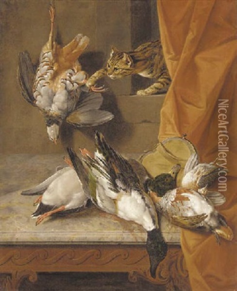 Mallard And Partridge On A Table With A Purse Before A Red Curtain, A Cat Stealing A Hanging Partridge From A Niche Above Oil Painting - Claude Francois Desportes