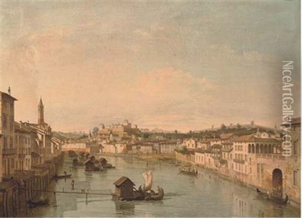 The River Adige From The Ponte Nuovo, Verona Oil Painting - Bernardo Bellotto
