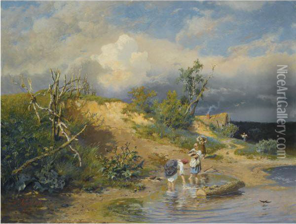 By The Riverbank Oil Painting - Alexander Alexandrovich Kiselev