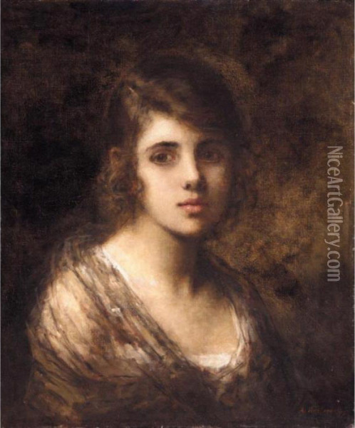Young Brunette Oil Painting - Alexei Alexeivich Harlamoff