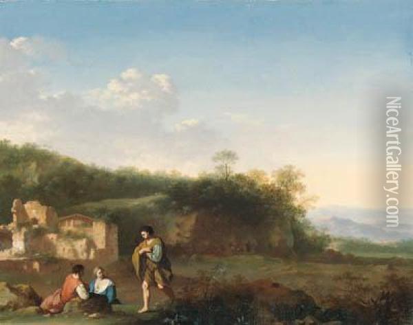 An Italianate Landscape With Peasants Resting In The Foreground, Aruined Villa Beyond Oil Painting - Cornelis Van Poelenburch