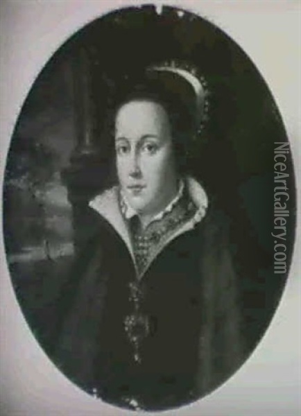 Portrait Of Mary Tudor                                      (diam. 28cm) Oil Painting - Hans Eworth