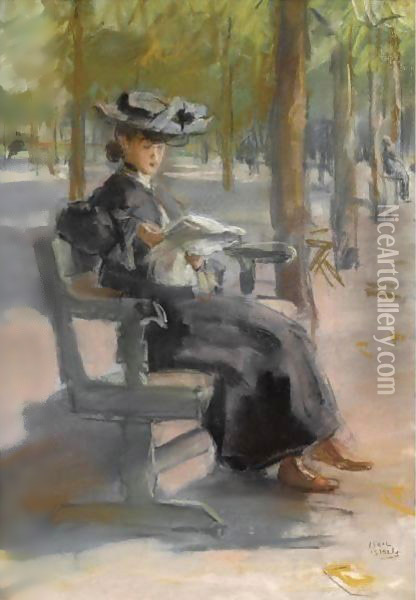 An Elegant Lady Reading In The Bois De Boulogne Oil Painting - Isaac Israels