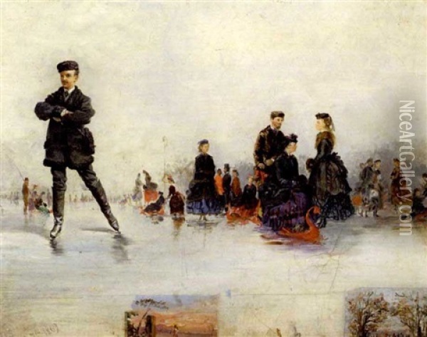 Skaters In Paris (bois De Bologne?) Oil Painting - Conrad Wise Chapman
